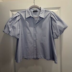 Blue Stripe Puff-Sleeve Button Front Top